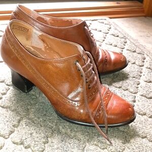 Brown Leather Women's Vintage Oxford Heeled Shoes, Sz 5.5